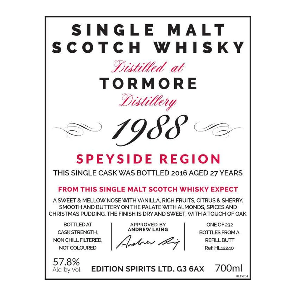 Tormore 27 Years Old 1988 Cask #HL 12240 (Edition Spirits)